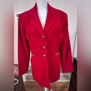 Long red blazer with gold accents. Great for the holidays.